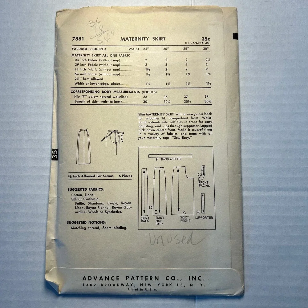 Advance Vintage 1940's‎ Maternity Pattern #7881 Skirt Waist 30